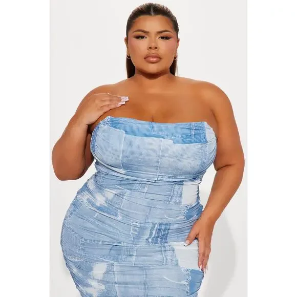 Fashion Nova Alexis Mesh Strapless Maxi Dress Size 3X NWT Blue Combo - Picture 9 of 9